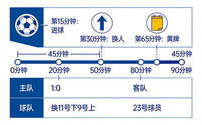 足球比赛事件时间线图 - 展示进球、换人、黄牌等关键事件发生时间